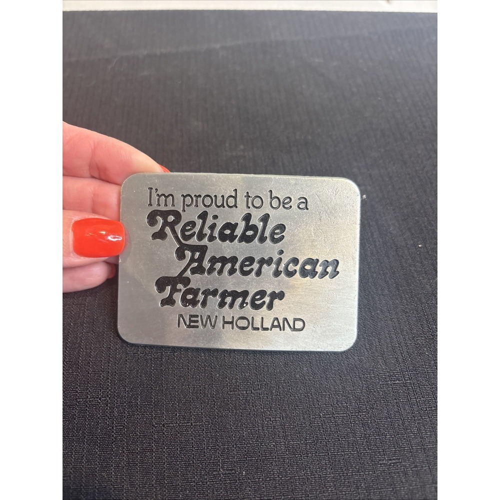 1982 Vintage New Holland Reliable American Farmer Silver Tone Metal Belt Buckle